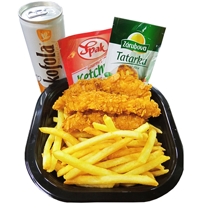 400. Strips menu kuřecí stripsy+hranolky+tatarka+kečup+Kofola 0.33l