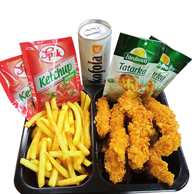 401. Strips menu Big kuřecí stripsy+hranolky+tatarka+kečup+Kofola 0.33l